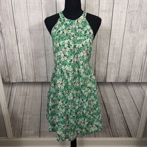 Jade Melody Tam Women's Small Green Floral Tiered Halter Linen/Cotton Midi Dress